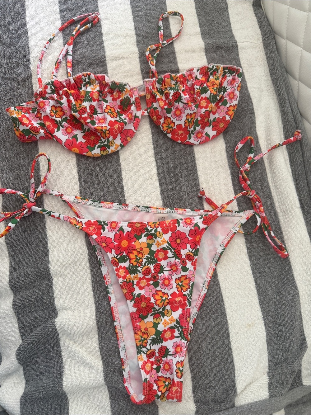 Floral Tie-Side Bikini Set - Pink & Red Flower Print